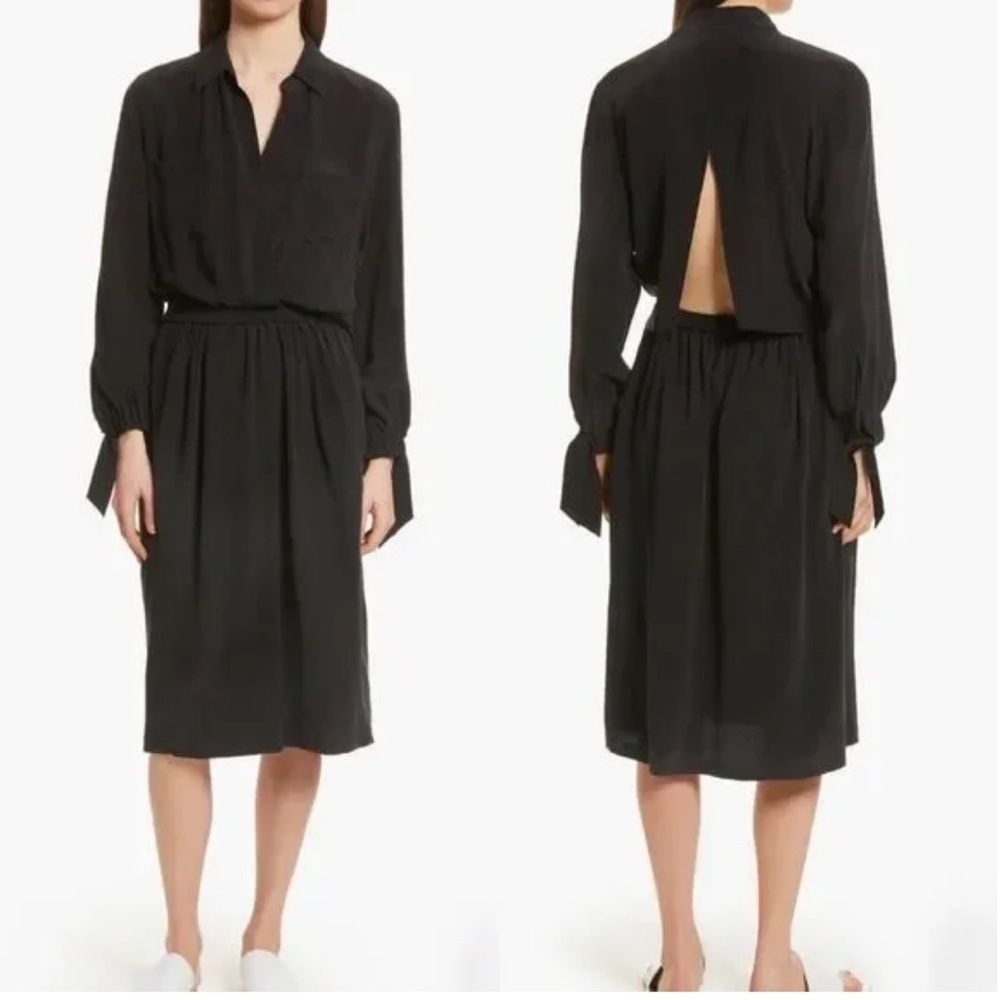 Vince Slit Back 100% Silk Black Midi Dress